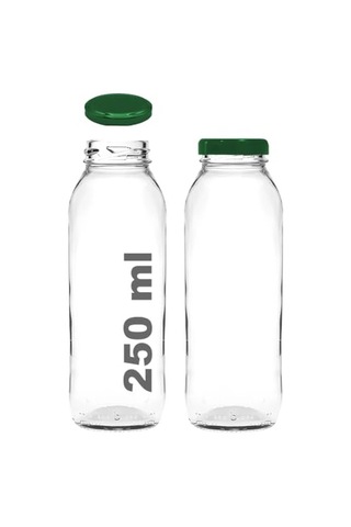 250 Ml Şeffaf Hale Cam Şişe, Yeşil Metal Kapaklı, Meyve Suyu Ve İçecekler İçin, 250 Cc, Yerli Üretim, 15 Adet Çok Renkli