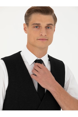 Cacharel Siyah Slim Fit Yün Karışımlı Çizgili Klasik Yelek