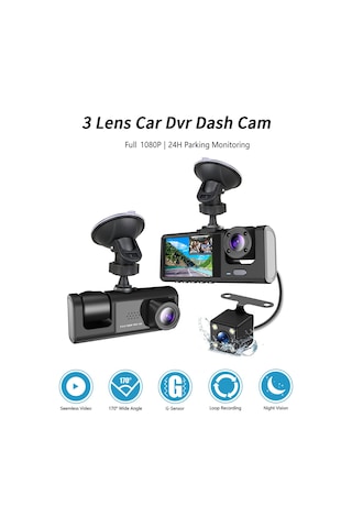 Neevoyu Üç Kameralı Araç Sürücü Kaydedici - Ön/arka/iç Mekan, 1080p+720p+480p, Sürekli Kayıt, Hareket Algılama, İç Kamera Gece Görüşü Işığı
