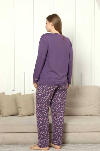 Kadın Mor Çiçek Desen Bisiklet Yaka 3 Düğmeli Yırtmaç Detay Büyük Beden Viskon Uzun Kol Pijama Mor