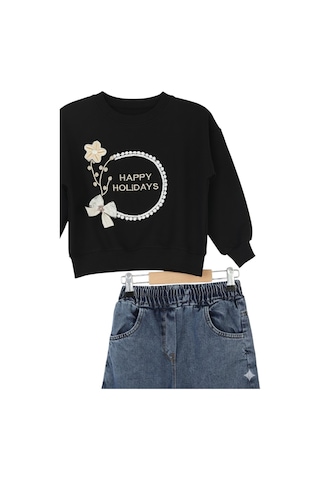 Erdem Kıds Kız Çocuk Bayramlık Günlük - Casual Geniş-bol Paça Palazzo Kot Pantolon-sweatshirt İkili Takım Siyah - Mavi Siyah - Mavi