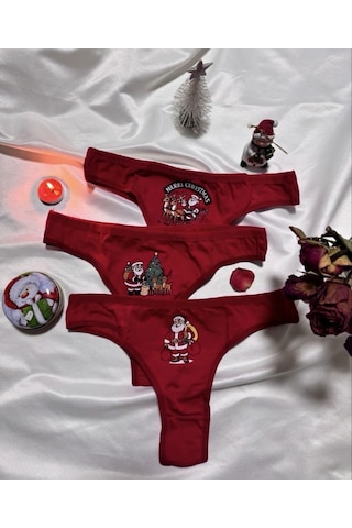 Trend Dokunuş Kadın 3'lü Kırmızı Yılbaşı Temalı Noel Figürlü Pamuklu Külot