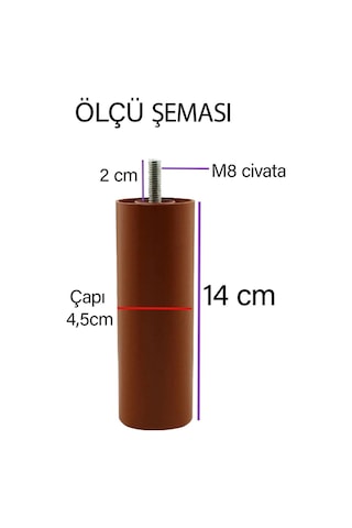 4 Adet Destek Ayağı 14 Cm Kahverengi Ve 4 Adet Düz Ayak Tabanı M8 Civatalı İnce Diş Kanepe Baza Seti