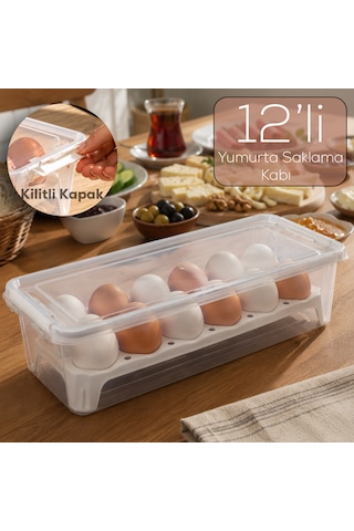 Porsima 1054 Peggy 12 Bölmeli Kapaklı Yumurta Kutusu Yumurtalık Buzdolabı Organizeri Saklama Kabı Beyaz - Şeffaf