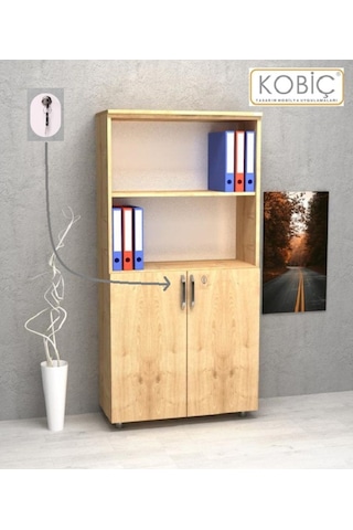 Kobiç Ofis Dosya Dolabı Kilitli Yarım Kapak Suntalam Dolap 80x35x150 Cm Meşe Meşe