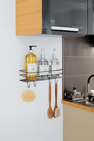 Siyah Yapışkanlı Banyo Rafı Mutfak Rafı Çok Amaçlı Askılı Düzenleyici Organizer Paslanmaz Şampuanlık Siyah