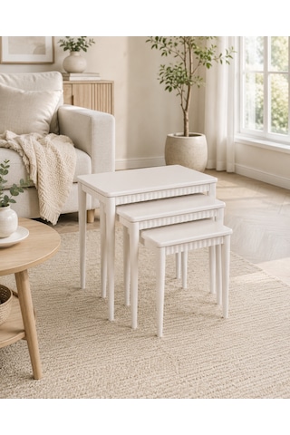 Ganni Home Lodos 3 Lü Zigon Sehpa Seti Krem Krem Gürgen İskeletli, Dekoratif Çıtalı Modern Ve Ferah Tasarım