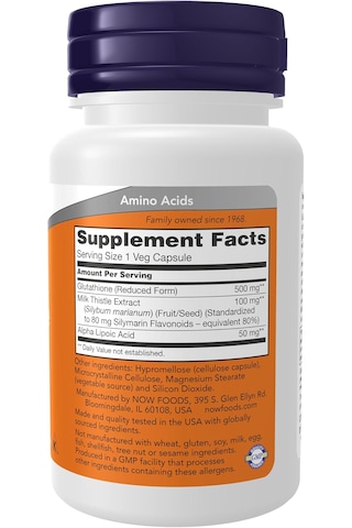 Now Foods Glutathione 500 Mg With Milk Thistle Extract & Alpha Lipoic Acid Detox Free Radical Neutralizer 30 Veg Caps