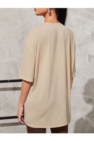 Flood Of Style Kadın Bej Los Angeles Baskılı Oversize Bisiklet Yaka Tshirt