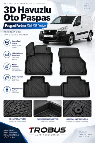Peugeot Partner Panelvan 2012 3d Havuzlu Oto Paspas Karbon Desenli Ön Takım 2 Parça