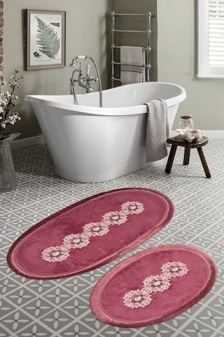 Eyfel Saçakli Banyo Takımı 2 Pcs Açik Kahve Fuşya