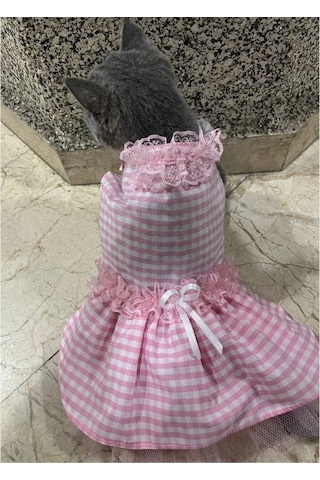 Pembe Beyaz Kareli Kurdeleli Kedi Köpek Kıyafeti Xsmall/xs/beden0