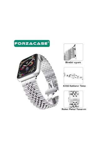 Forzacase Apple Watch Se / Se 2 40mm İle Uyumlu Rolex Tasarım Metal Kordon Kayış - Fc879 Gümüş - Gold