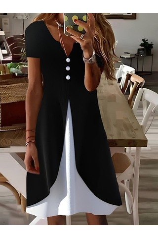 Kadın Kısa Kollu V Yakalı Önden Düğmeli Çift Renkli Viskon Elbise Siyah