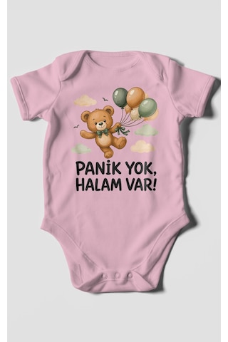 Morivokids Panik Yok, Halam Var Kısa Kollu Bebek Body %100 Pamuk Koyu Pembe