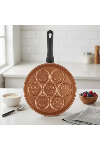 Redio Emoji Pankek Ve Yumurta Tavası - 7 Bölmeli Gülen Yüz Tasarımlı, Yanmaz Yapışmaz Krep Tavası 28 Cm Bronz