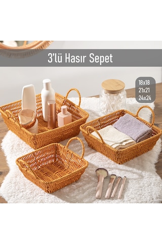 Porsima 303a 3lü Düzenleyici Kare Hasır Sepet Seti Ekmeklik Sepet