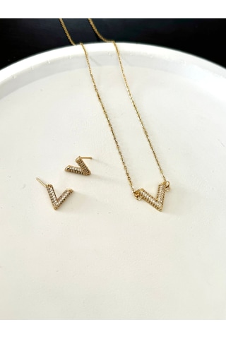 Kadın Vip Seri Kolye Küpe Set V Model Zirkon Taş Set Altın