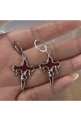 Dükkan Design Gotik Kanlı Haç Küpe Kırmızı