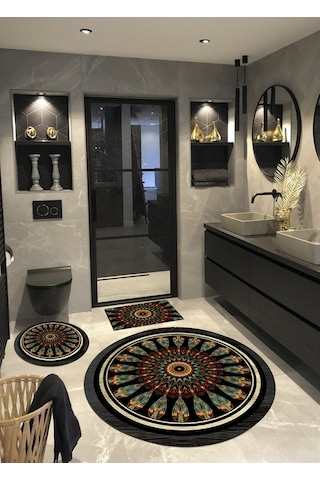 Montana, Kaymaz, Organik Pamuk Taban Yuvarlak Banyo Halısı-100X100 - 60X60 - 40X60 Cm (3'Lü Set) Çok Renkli