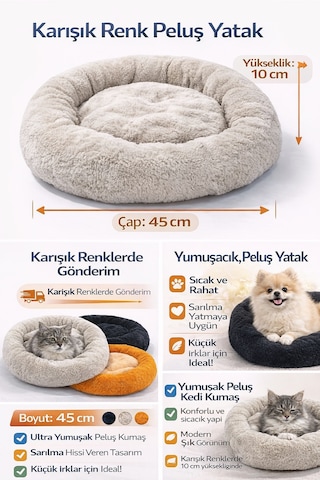 Kedi Köpek Simit Yatağı Karışık Renklerde 12 45 Cm