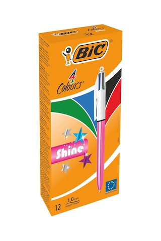 4 Colours Shine Pembe Gövde Tükenmez Kalem 12'li Kutu, 4 Renk Mavi, Siyah,yeşil Ve Kırmızı , 1.0 Mm. Uç Genel
