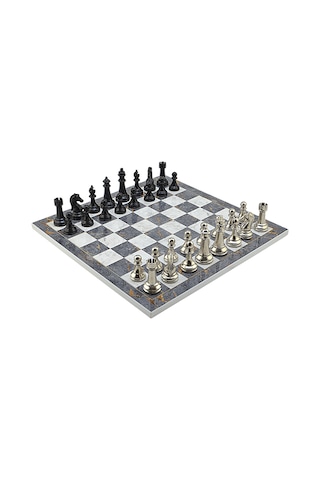 Gifthome Premium Black Metal Klasik Satranç Takımı Ve Gri Mermer Desenli Mdf Satranç Tahtası 37x37 Cm.