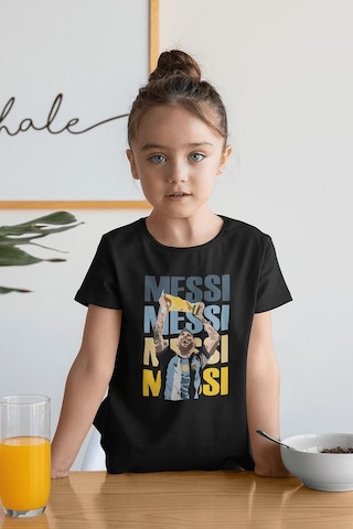 Sevbano Unisex Messi Baskılı Efsane Futbolcu Çocuk Tişört 1-12 Yaş Siyah