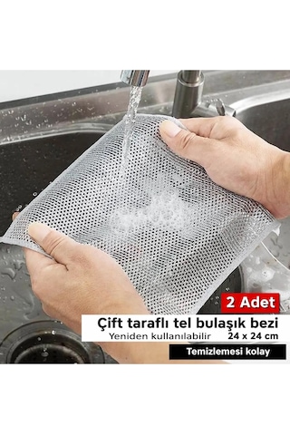 2 Adet Tel Bulaşık Bezi Çizmez Bulaşık Teli Çelik Bez 20x20 Çift Katmanlı Inox Tel Bez Çift Kat Gri