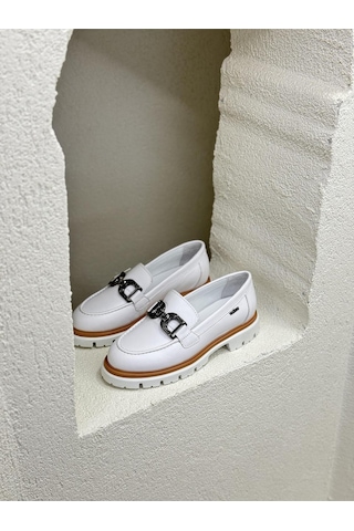 2412902y Tokalı 4cm Kalın Taban Hakiki Deri Loafer Ayakkabı Kadın Beyaz