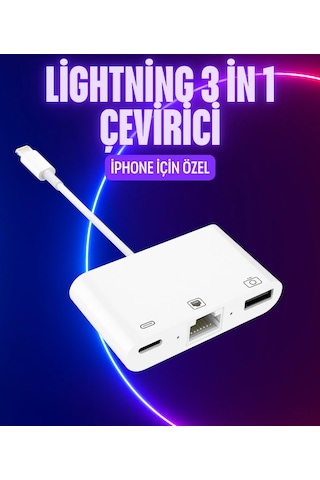 Kb-10 Apple iPhone Uyumlu Lightning 3ın1 Ethernet Rj45 Ve Usb Kamera Adaptörü