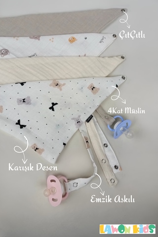 Karışık Erkek Bebek Desen %100 Pamuk 4 Katlı Müslin Kumaş Emzik Askılı Çıtçıtlı Bebek Önlük,salya Önlüğü Çok Renkli 3 Adet