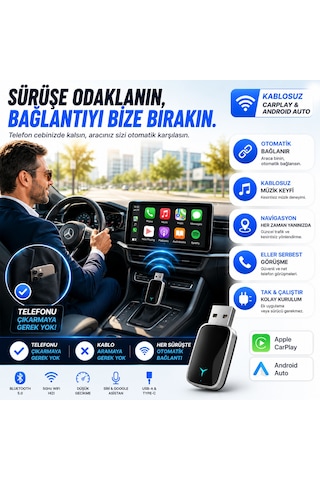 Hpytech Kablosuz Carplay Android Auto Dönüştürücü Usb & Type-c Mini Adaptör Wireless Carplay Dongle Tak Çalıştır Bluetooth 5.0 5ghz Wifi İphone & Android Uyumlu