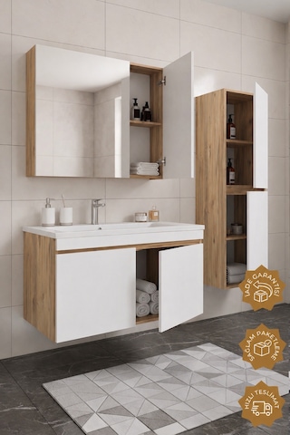Teta Home Tokyo 100 Cm Mdf Banyo Dolabı Seti + Boy Dolabı Atlantik Çam - Beyaz