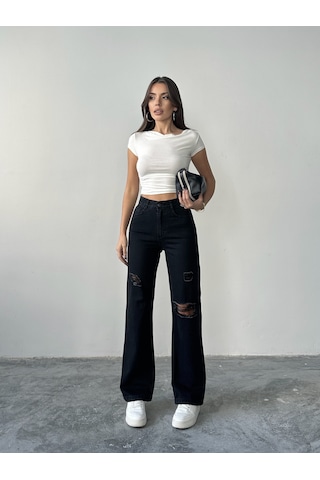 Blue Marlin Kadın Lazer Yırtık İşlemli Boyfriend Kot Bol Paça Pantolon Siyah