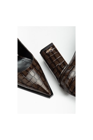 Suins Premium Kevin Model Kadın Kalın Topuklu Kroko Stiletto Ayakkabı Kahve