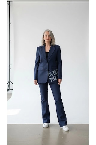 Byemelika Tasarım Baskılı Denim Blazer Lacivert