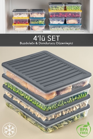 Meleni Home 4'lü Buzdolabı Organizer Mikrodalga Ve Difrize Uygun Saklama Kabı Antrasit 4 X 2400 Ml Çok Renkli