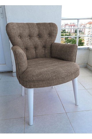 Kayser Home Berjer - Tekli Koltuk - Keten Kumaş - Ahşap Beyaz Ayak - Kahverengi Kahverengi