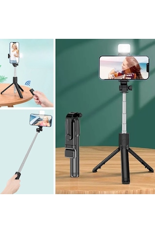 Buffer Kendiliğinden Işıklı Masaüstü Tripod Olabilen Telefon Tutuculu Kablosuz Kumandalı Selfie Çubuğu Çok Renkli