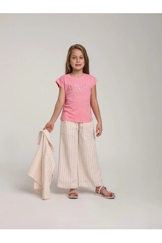 Escabel Kız Çocuk Pamuklu Happy Pul İşlemeli Tshirt-15637 Pembe