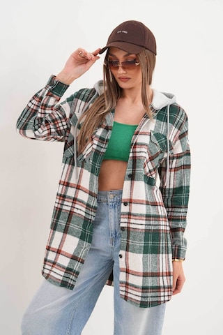 Polologin Butik Kadın Yeşil Beyaz Kapşonlu Araboy Tunik Yeşil