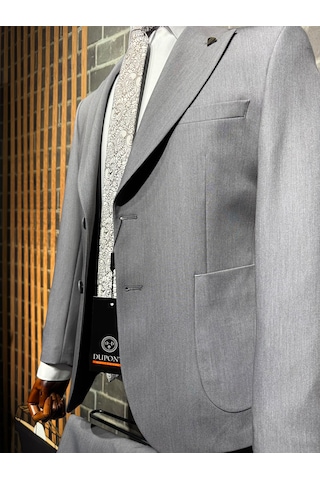 Dupont Classics Dupont Slim Fit Sivri Yaka 6 Drop Çift Yırtmaç Torba Cep 2'li Takım Elbise Gri