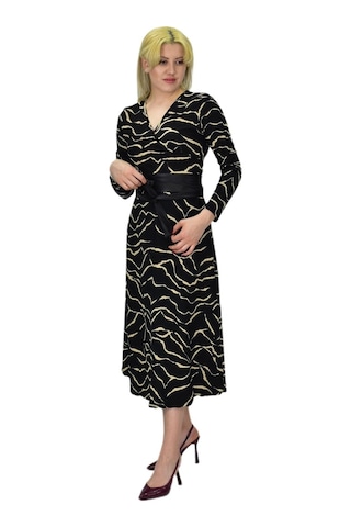 Kadın Krep Zebra Desenli V Yaka Elbise Bgl-st03537 001