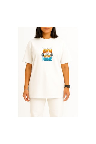 Bahriyeli Collection Oversize Gym Benim İkinci Evim Göğüs Baskılı Unisex T-shirt Beyaz