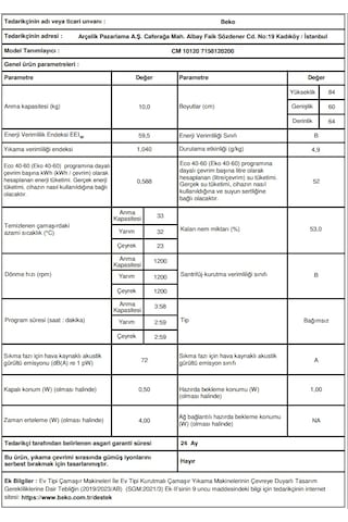 Beko CM 10120 A 1200 Devir 10 KG Çamaşır Makinesi