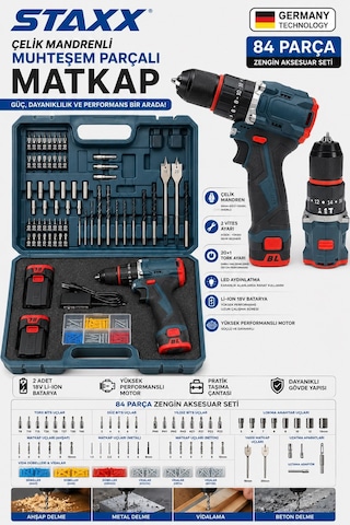 Staxx Brsl182lı 18v Li-ion Şarjlı Matkap Çelik Mandrenli 84 Parça Ahşap Metal Beton Delme Seti Çanta