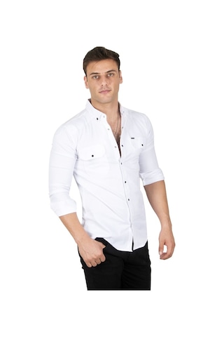 Deepsea Erkek Beyaz Fitilli Çıtçıtlı Kot Gömlek 300421 Beyaz