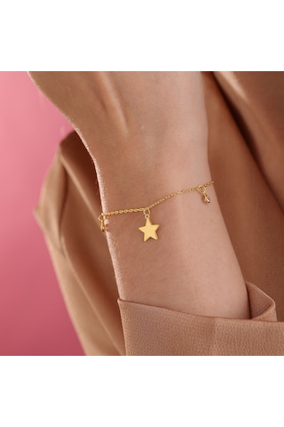 Queen Silver Jewelry 925 Ayar Gümüş Yıldız Objeli Zirkon Taş Sallantılı Bileklik Altın