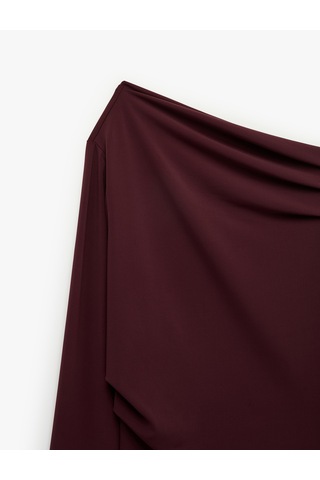Koton Slim Fit Drapeli Asimetrik Kesim Uzun Kollu Tek Omuz Tişört Bordo 7wak50088ek